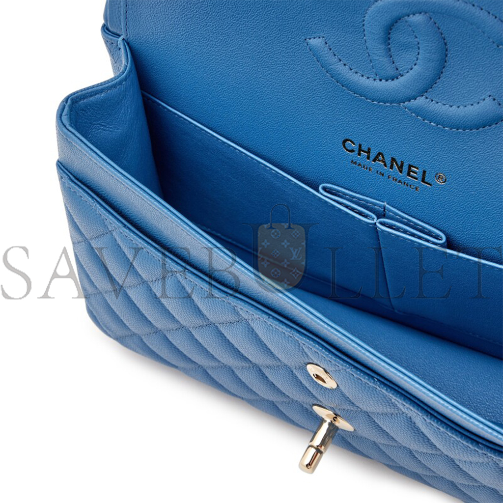 CHANEL BLUE QUILTED CAVIAR MEDIUM CLASSIC DOUBLE FLAP LIGHT GOLD HARDWARE AS1112 (25*15*6cm)